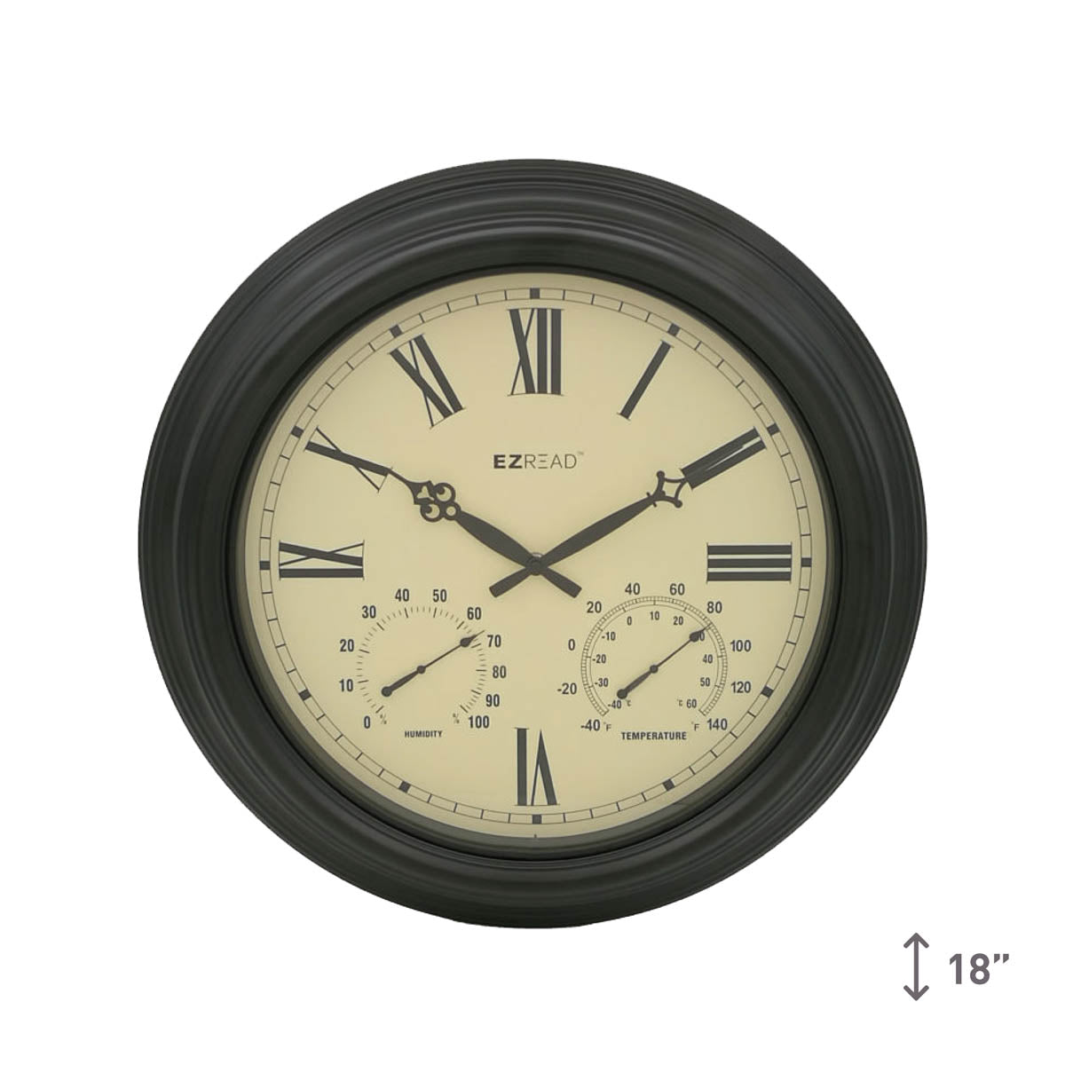 EZREAD® 18" 3-in-1 Black Metal Clock/Thermeter/Hygrometer