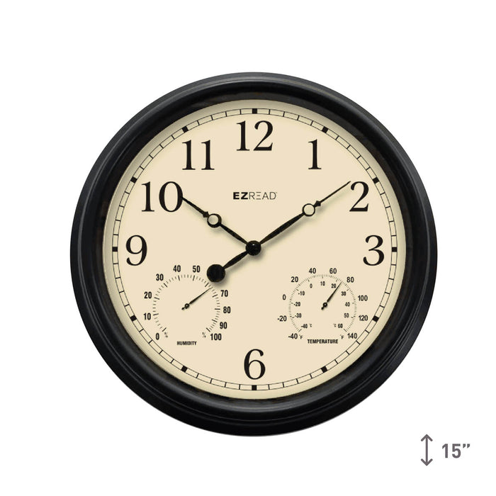 EZREAD® 15" Black 3-in-1 Clock/Thermometer/Hygrometer
