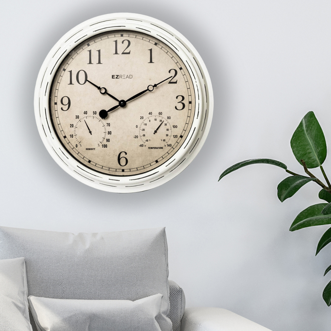 EZREAD® 15" 3-in-1 White Weathered Clock/Thermometer/Hygrometer