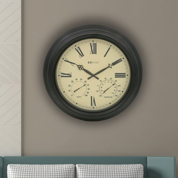 EZREAD® 18" 3-in-1 Black Metal Clock/Thermeter/Hygrometer